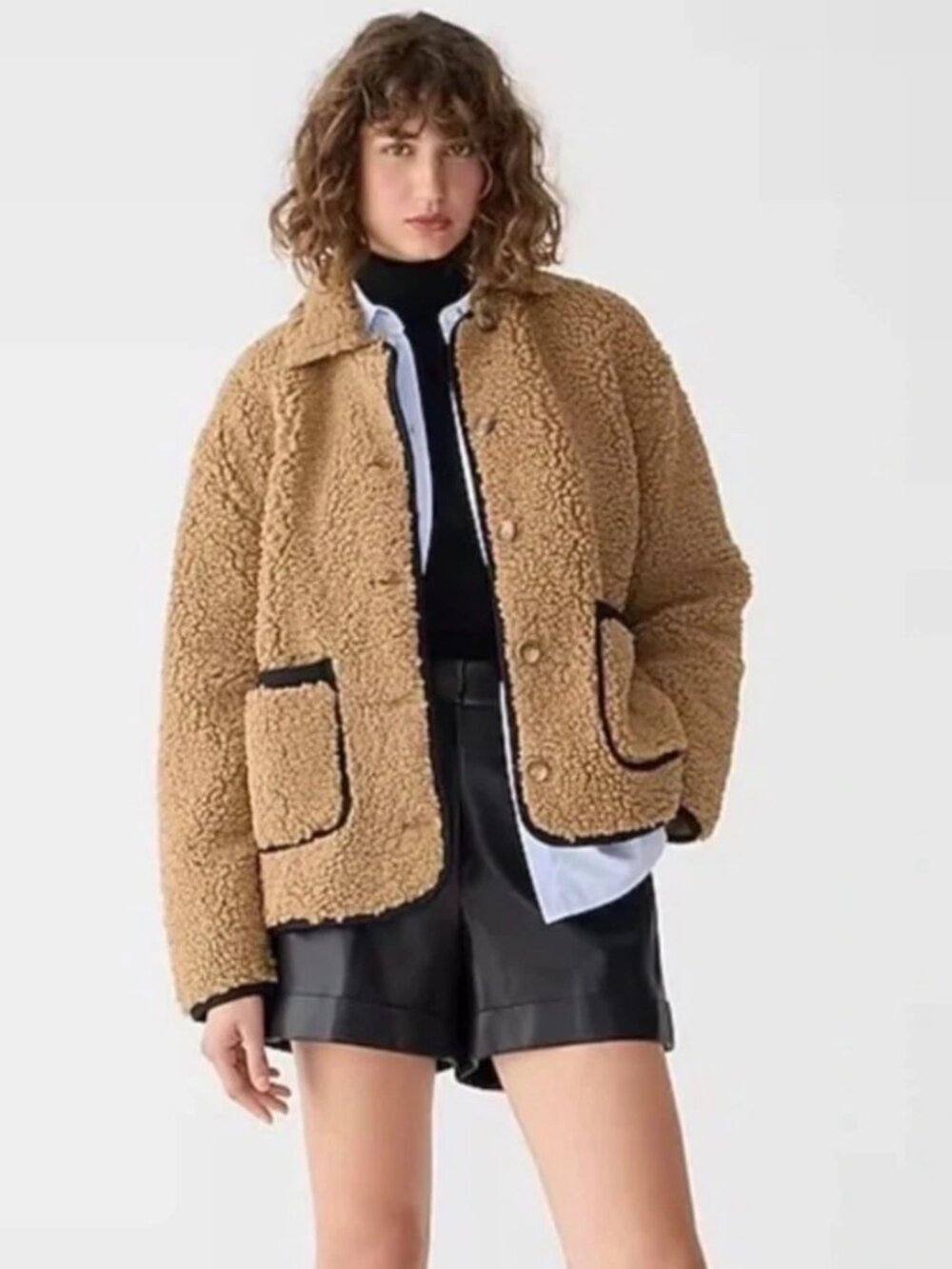 J Crew Sherpa Faux Fur Cozy Barn Button Up Jacket Coat Camel Brown size S